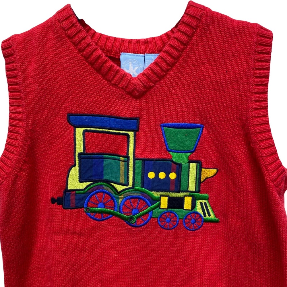 J. Khaki Train Sweater Vest Boys Size 4 Red Cotton V-Neck Knit Embroidered 0614